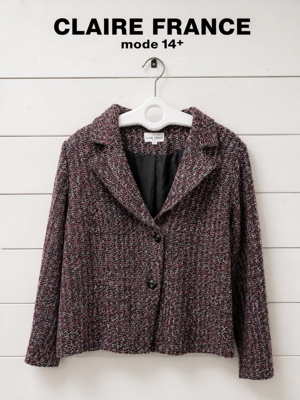 Claire France Textured Blazer Jacket – Black, Grey & Burgundy – Size 20
